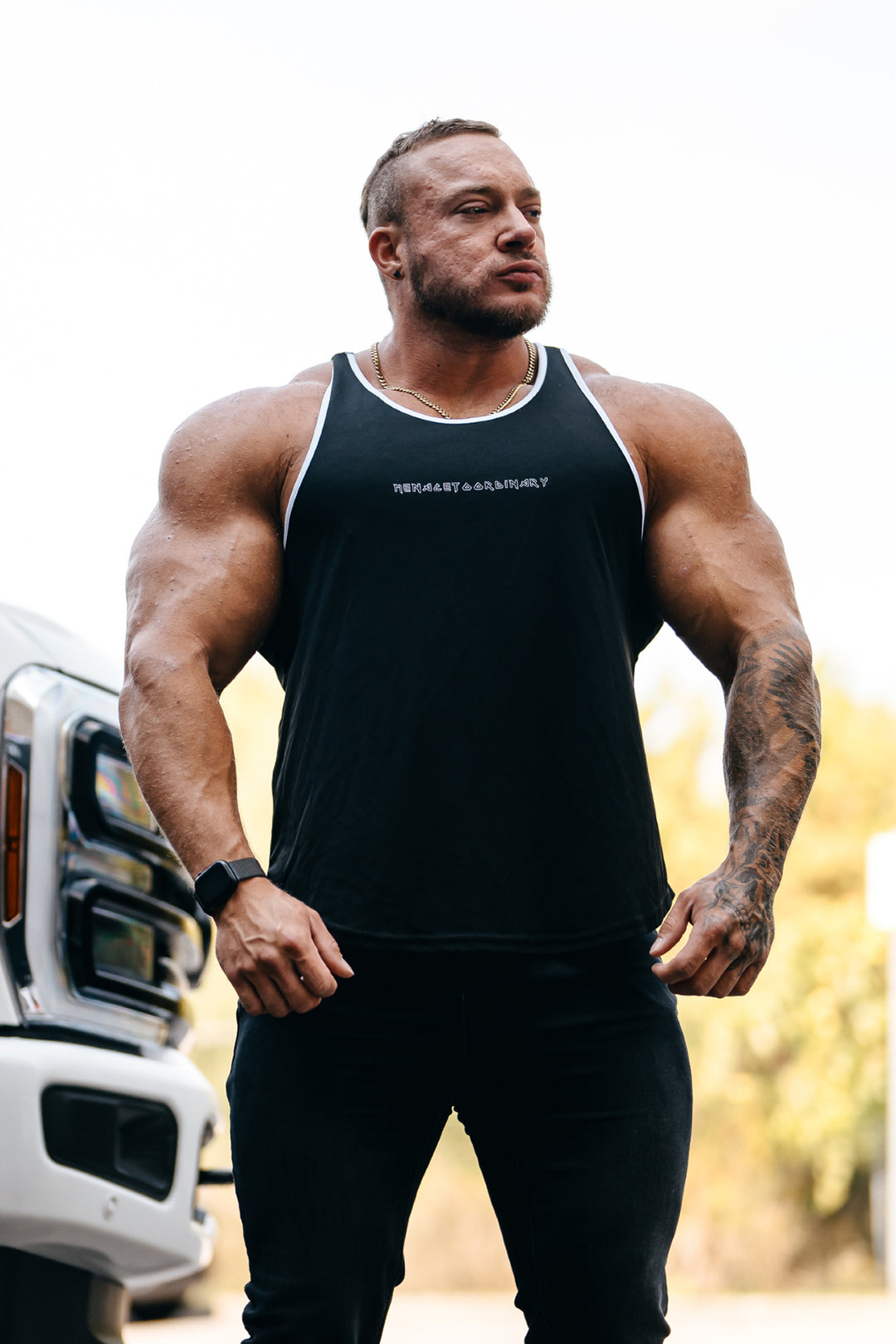 Fast-Dry Bodybuilding Workout Stringer - Black w White Trim