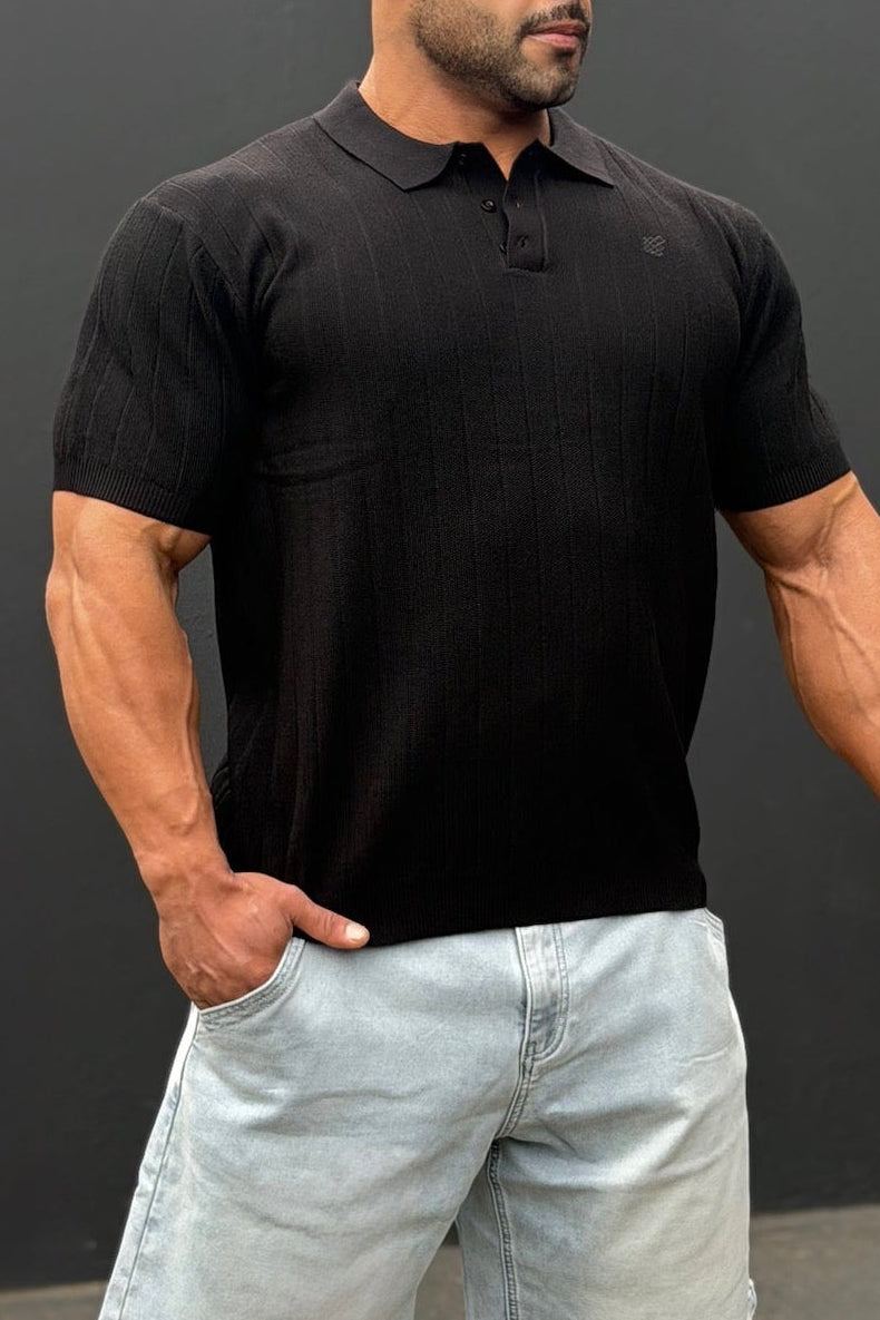 Rib Knit Collared Polo  - Onyx Black