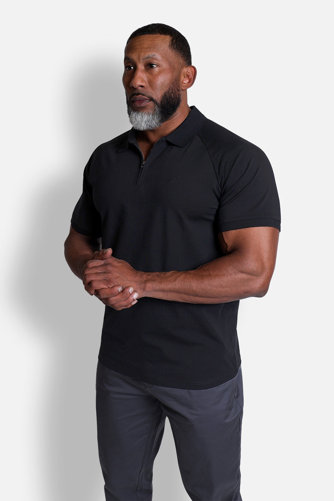 Zip-Up Muscle-Fit Collared Tee - Black