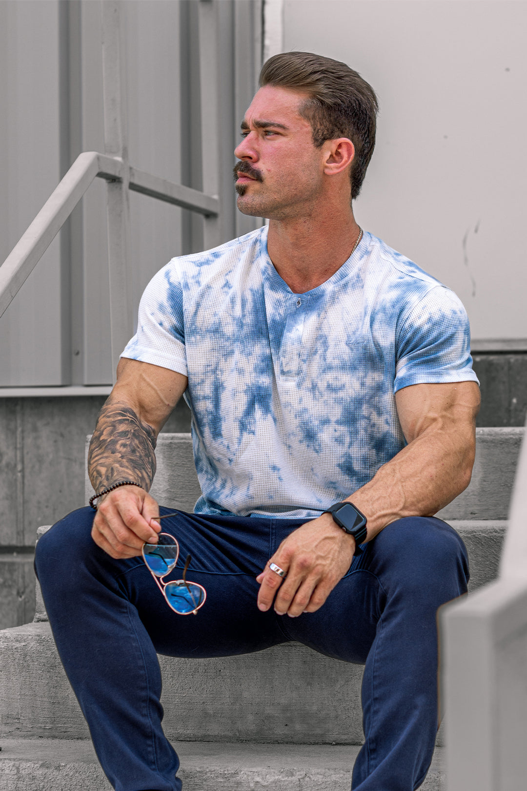 Waffle Henley T-Shirt - Blue Tie Dye