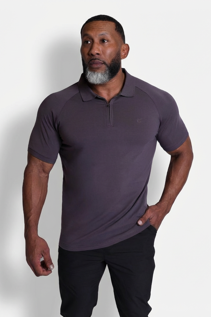 Premium Muscle-Fit Polo Tee w/ Zipper - Dark Gray